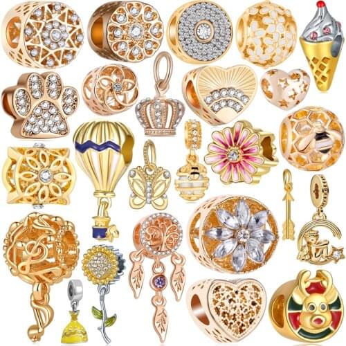 Gold Color Crystal Round Crown Bee Map Dog Hearts Pendants Beads fit Pandora Charms Bracelets & Bangles for Women Making Jewelry