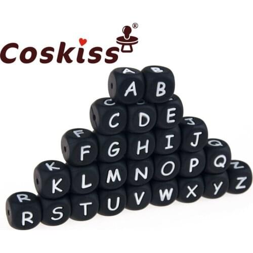 Coskiss 12mm 100pc Silicone Alphabet Letter Beads Black BPA Fress Silicone Teether DIY Teething Necklace Bead Nursing Pendant