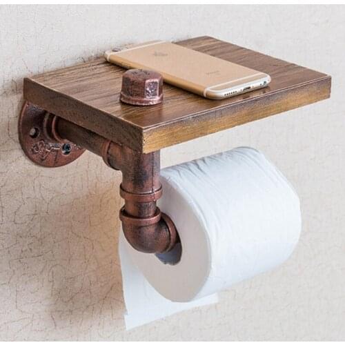 Urban Industrial Wall Mount Wood Storage Shelf Iron Pipe Toilet Paper Holder Roller Restaurant Restroom Bathroom Decoration