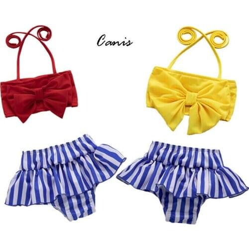 Hot Newborn Kids Baby Girls 2Pcs Bow Bikini Set Strip Halter Solid Swimwear Toddler Tropical Summer Swimsuit Bathing Suit Beach