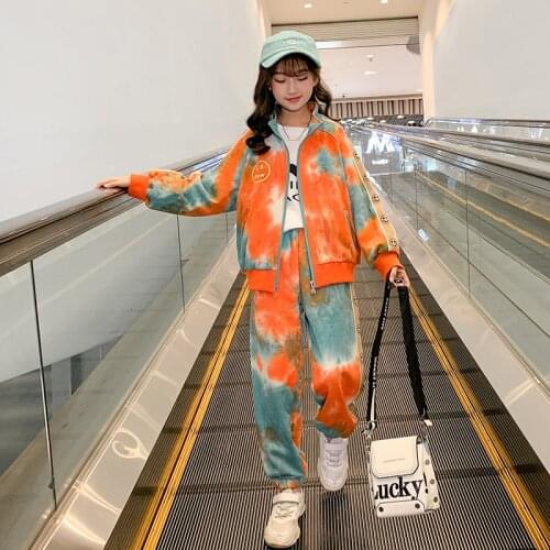 Two Piece Teen Girls Clothing Set Kids Long Sleeve Tie-Dye Cardigan Jacket + Jogger Pants Designer Clothes Spring Autumn Outfits