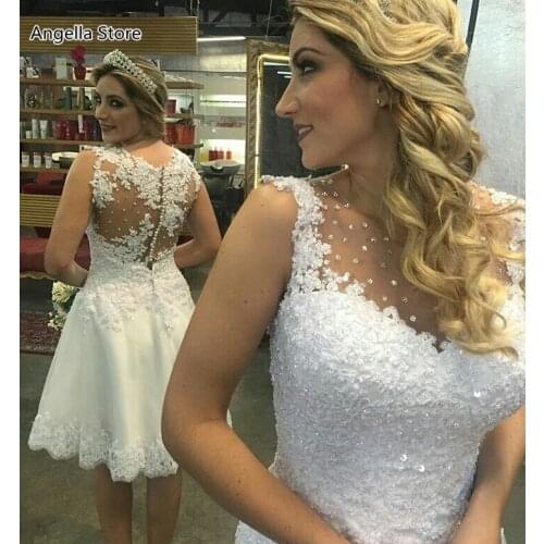 Short White Wedding Dresses For Bride O-Neck Lace Appliques Beaded Knee Length Sleeveless Bridal Gowns Illusion Back