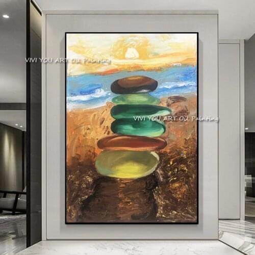 Colorful Artist Hand-painted High Quality Natural Landscape Stone With Ocean Oil Painting On Canvas Modern Abstract Decorative