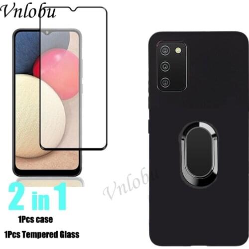 3 in 1 For Samsung A03S Cases Soft Silicone Magnetic Stand Holder Case For Samsung A03S Tempered Glass With Lens Protective Film