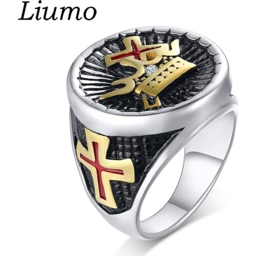 Liumo Fashion Gold Color Red Cross with Crystal Crown 316L Stainless Steel Men Biker Rings Lr975