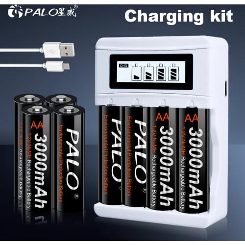 PALO AA Battery NIMH AA 3000mAh 1.2V 2A Ni-Mh aa Rechargeable Batteries AA Bateria Baterias and 1.2V smart USB battery charger