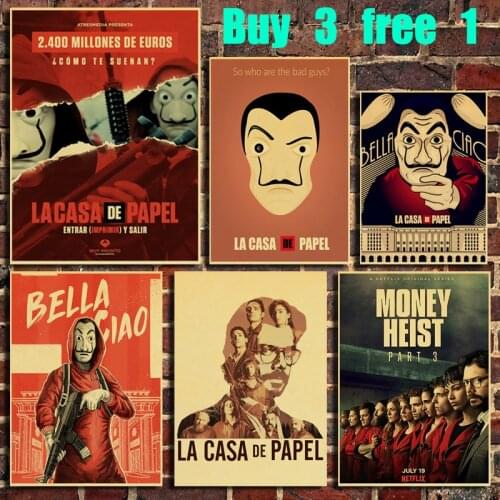 La Casa De Papel Money Heist Movie Retro Kraft Paper Poster Bar Office Cafe Home Art Wall Sticker Decoration