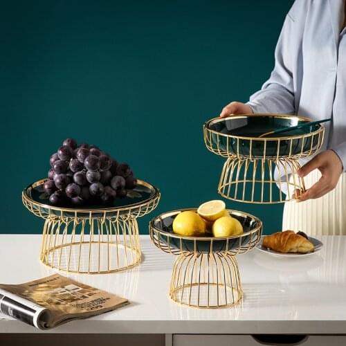 Luxury Fruit tray with Stand Gold Inlay Ceramic Snack Storage Serving Tray Candy Snack Plate Stand Living Room Home Decoration