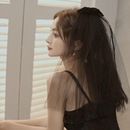 Black Veil Headwear Mesh Lace Veil with Bow Short Tulle Bridal Headpiece Photo Prop Fancy Dress Up Halloween Accessories