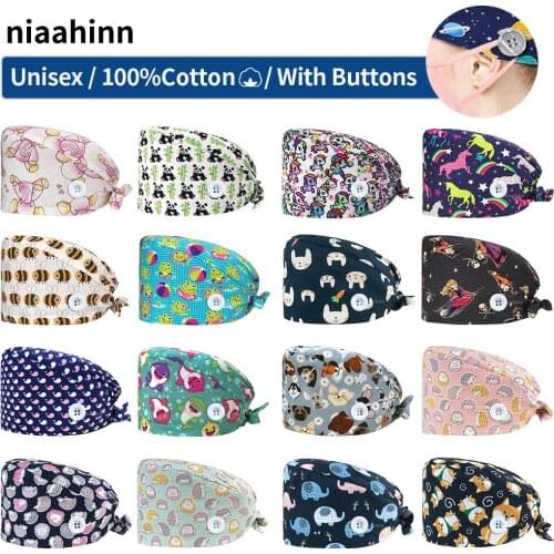 Animal Printing Pet Grooming Scrub Hat Wholesale Price Dental Hospital Operating Room Doctor Scrub Cap with Buttons Medical Hat