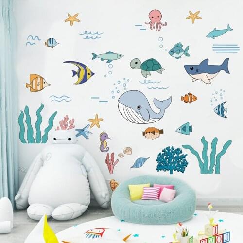 [shijuekongjian] Ocean Fish Animals Wall Sticker DIY Seagrass Corals Wall Decals for Kids Room Baby Bedroom Bathroom Decoration