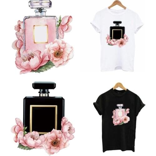 Beautiful Flower Perfume Bottle Iron Patches For Clothes DIY Washable Heat Transfer Women T-Shirt Sticker On Clothes Decoration