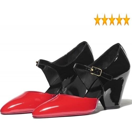 Pointed Toe Women Shallow Fashion Mixed Colors Buckle Party Pumps Elegant Lady Thick High Heel Sandals Plus Size 43