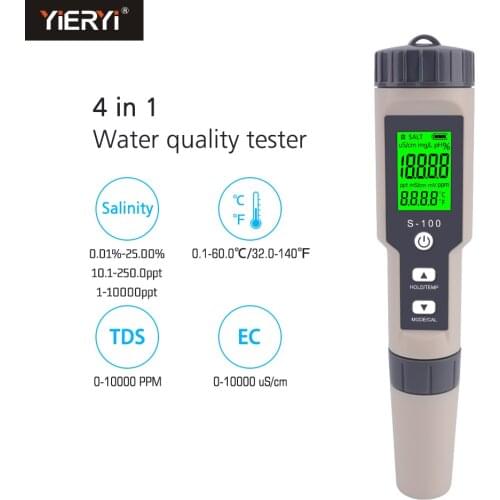 Yieryi S-100 Digital Salinity Meter 4 in 1 TDS/EC/Salinity/TEMP Water Quality Tester for Aquarium, Hydroponics, Swimming Pool