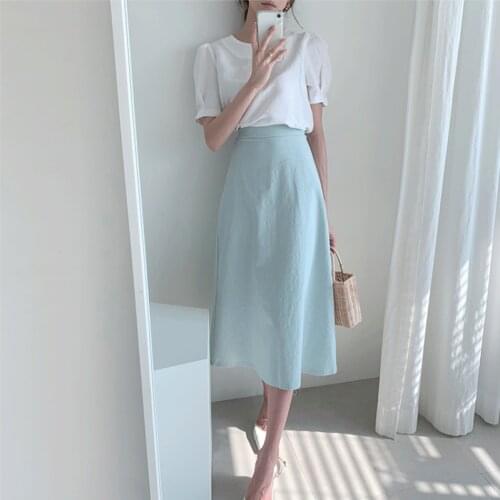 High-waist Solid A Line Skirts Simple New Korean Chic Office Lady Femme Faldas Elegant Fresh Sweet Jupe for Women Summer 2021