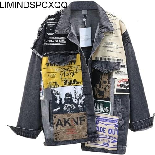 Vintage Long Sleeve Appliques Newspaper Pattern Plus Size Black Denim Jacket Leisure Trend Coats 2021 Autumn Loose Clothing Tops