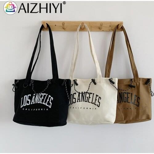 Vintage Women Letters Printing Canvas Shoulder Shopping Bag Ladies Casual Large Capacity Tote Handbags