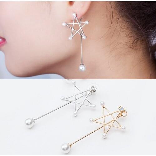 Gold Silver Color Simulated Pearl Earrings Long Tassel Star Earrings Hollow Stud Earring Asymmetry Eardrop Jewelry For Women