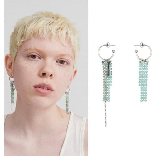 Jewelry green protein water drill dense mesh chain tassel asymmetric C-shaped earrings womens earrings