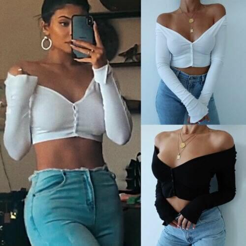 Women' s Sexy Deep V-Neck Cardigan Knit Blouse Front Open Button Slim Off Shoulder Shirts Tops Casual Clubwear vintage clothes