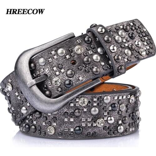 Rivet Inlay Ancient Belt For Women Fashion Pin Buckle Waist Women Belts PU+Genuine Leather Luxury Brands Leather Belt Female