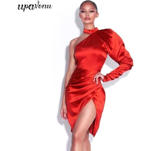 Free Shipping 2021 New Womens Red Draped Sexy Satin Dress Round Neck One Shoulder Long Sleeve Bodycon Club Party Split Vestidos