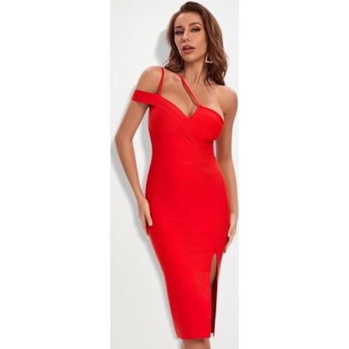 2020 New Arrivals Fashion Women Long Dress Bodycon side Split Deep V Neck Spaghetti Strap Party Bandage Dresses Red off Shoulder