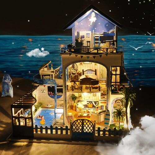 3D LED Light Wood Miniature Doll House Blue Aegean Sea Room Gift Age 7