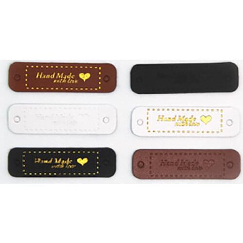 50pcs Hand Made With Love PU Leather Labels Tags For Handwork Gifts Leather Clothes Bag Hat Shoes Sewing Accessories 5x1.5cm