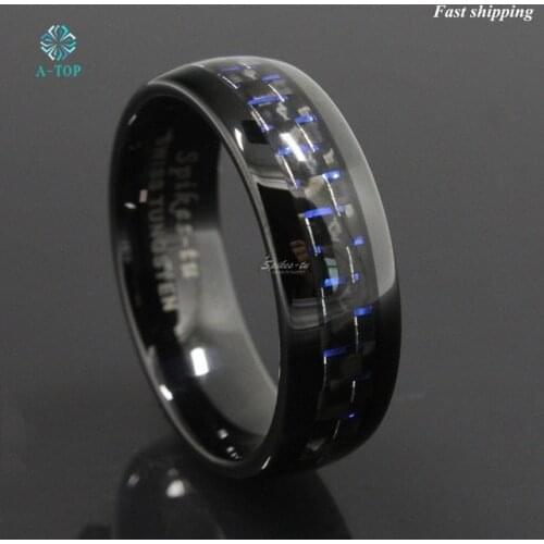 8mm Black and Blue Tungsten Ring with Carbon Fiber Mens Wedding Band jewelry Free Shipping