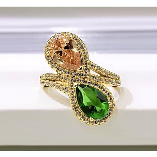 925 Sterling Silver Water Drop-shaped Emerald Morganite Gemstone Wedding Luxury Yellow Gold Colour Ring For Women Fine Jewelry