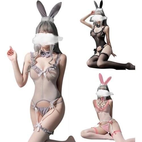 Bowknot Porno Women Sexy Lingerie Costumes Erotic Rabbit Girl Cosplay Outfit Set Stocking Thong with Straps