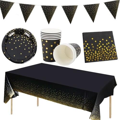 Black Gold Dot Disposable Party Tableware Paper Cups Plates Straws Table Decor Adult Anniversaire Birthday Party Decorations