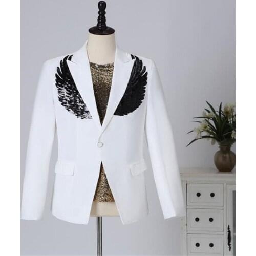 Sequins wing black blazer men groom suit jackets mens wedding suits costume singer star style stage clothing formal dress B232