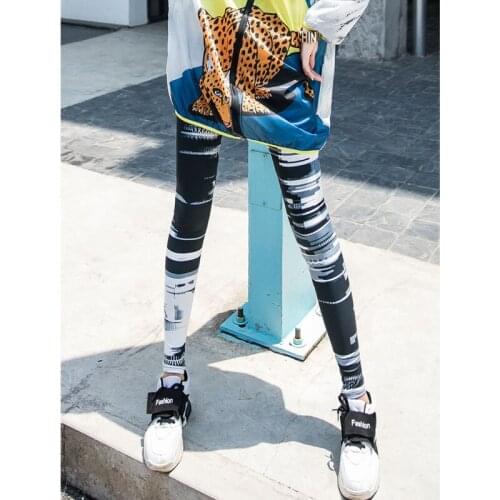 2021 New Women Fashion Skinny Black Patchwork Printing Striped Office Lady High Elastic Waist Pants Spring And Autumn X392