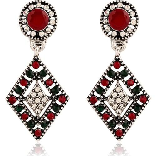 CRLEY Bohemia Rhombus Ear Clip Green Dark Red Hollow Boho Turkish Vintage Wedding Handmade Christmas Jewelry Gifts Bijoux