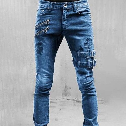 Mens Jeans Slim Fit Double Belt Ripped Jeans Fashion Vintage Hip Hop Denim Pants Skinny Jeans Men Casual Street Style Trousers