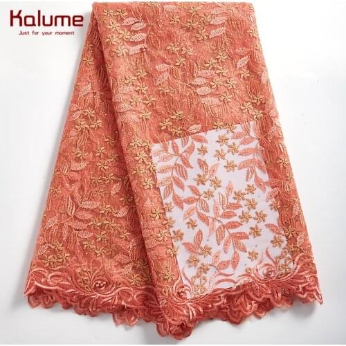 Kalume French Mesh Lace Fabrics High Quality Peach African Lace Fabric Beads Nigerian Lace Fabric Stones For Party Wedding H2318