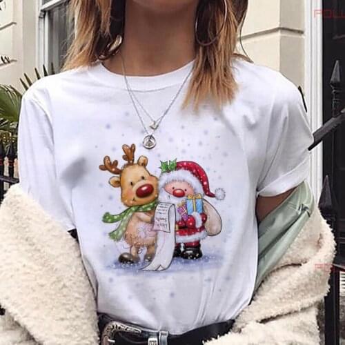 New Lovely Deer T Shirt Harajuku Women Fashion Merry Christmas Printed Short Sleeve T-shirt White Suitable All Seasons Tshirts