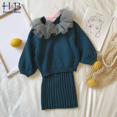 Humor Bear Girls Sweater Set Autumn Long Sleeve Lapel Collar Kids Warm Knitted Sweater Coat+Overall Skirt 2PcsToddler Clothes