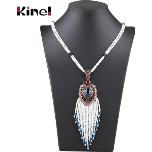 Kinel Hot Hand-Blue Beaded Stone Tassel Necklace For Women Bohemia Ethnic Suspensions Long Necklace Vintage Jewerly 2017 New