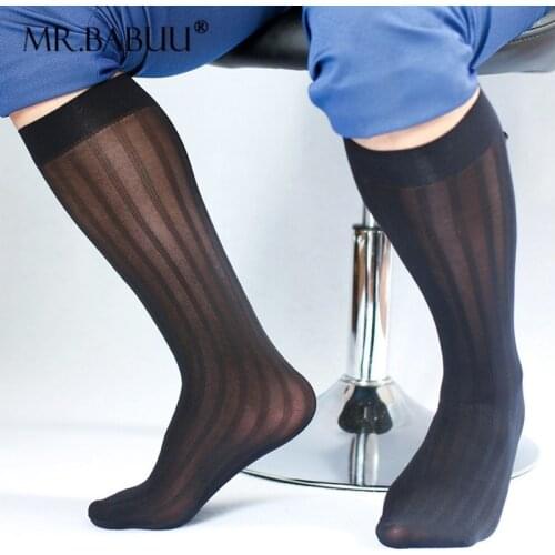 Mens wide striped thin velvet straight middle tube stretch business formal wear Japanese stockings