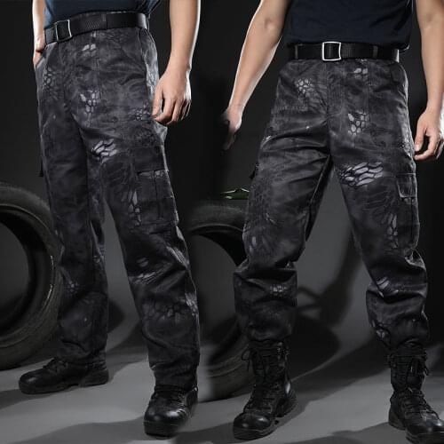 Mens Camouflage Pants Fatigue Clothes Black Python Pattern Trousers Large Pocket Mid-Rise Straight-Leg Pants Loose Cargo Pants
