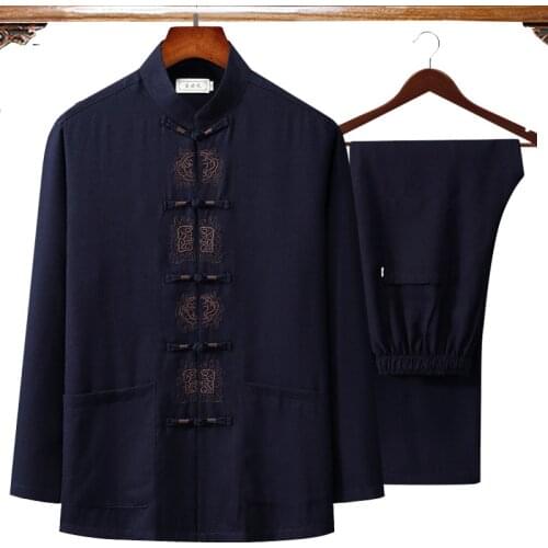 2021 Autumn New Embroidery Chinese Mens Cotton Linen Wu Shu Clothing Long Sleeve Shirt & Long Pant Kung Fu Tai Chi Suit 4XL