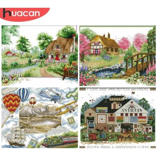 HUACAN Embroidery Landscape Sets 11CT 14CT DIY Gift White Canvas Cross Stitch Scenery Kits Needlework Home Decoration