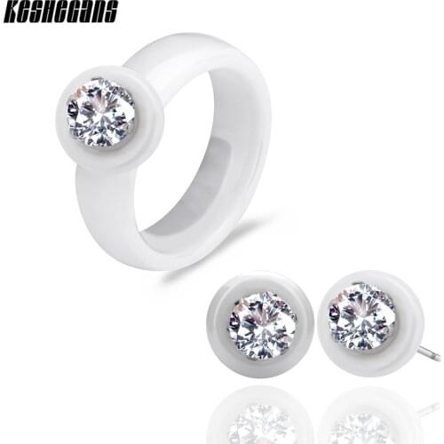 Classic Jewelry Set Black White Ceramic Stud Earrings & Rings With Big Carat AAA Rhinestone For Women Round Zirconia Earrings