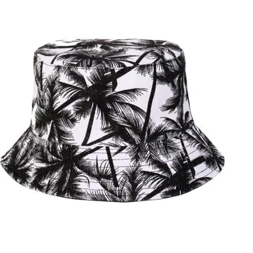 2021 New Unisex Fashion Summer Reversible Black White Coconut Tree Printed Fisherman Caps Bucket Hats Gorro Pescador Men Women