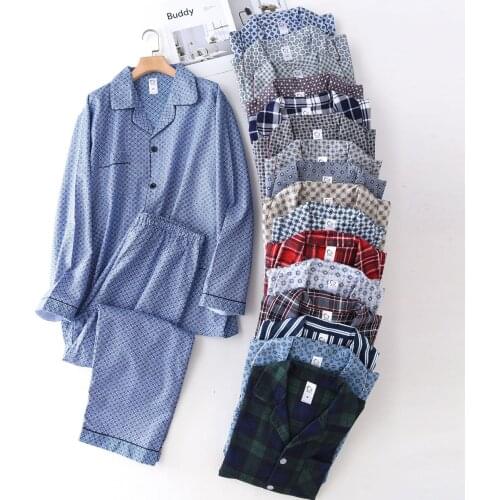 Spring Mens Cotton Long Sleeved Trousers Pajamas Turn-down Collar Sleepwear Men Matching Couples Homewear Two Piece Pijama Set