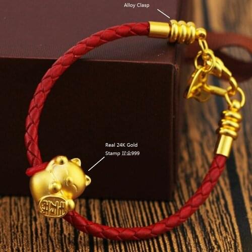Genuine 24K Yellow Gold Lovely Cat with Red Leather Bracelet Length from 5" to 15"