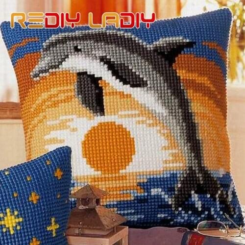 Cross Stitch Cushion Front Dolphins Playing Pillow Chunky Cross-Stitch Kits 100% Acrylic Yarn Pillow Case Home Decor Needlework